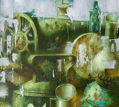 Vintage green brass sewing machine oil painting by Alexander Dobrodiy