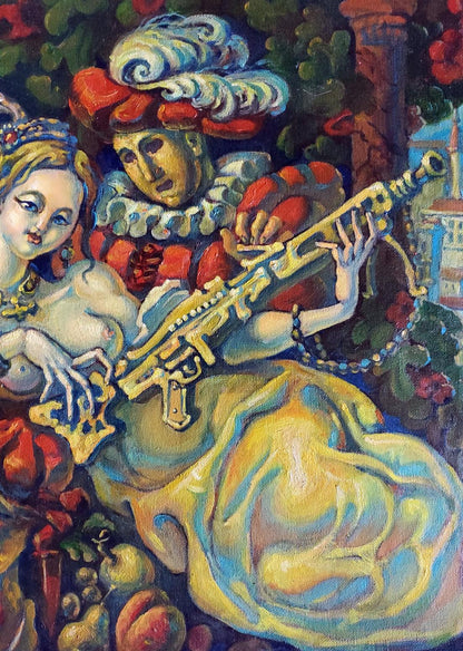 Oil painting of ornate golden flute with chain by Florence Daniil Litvinov