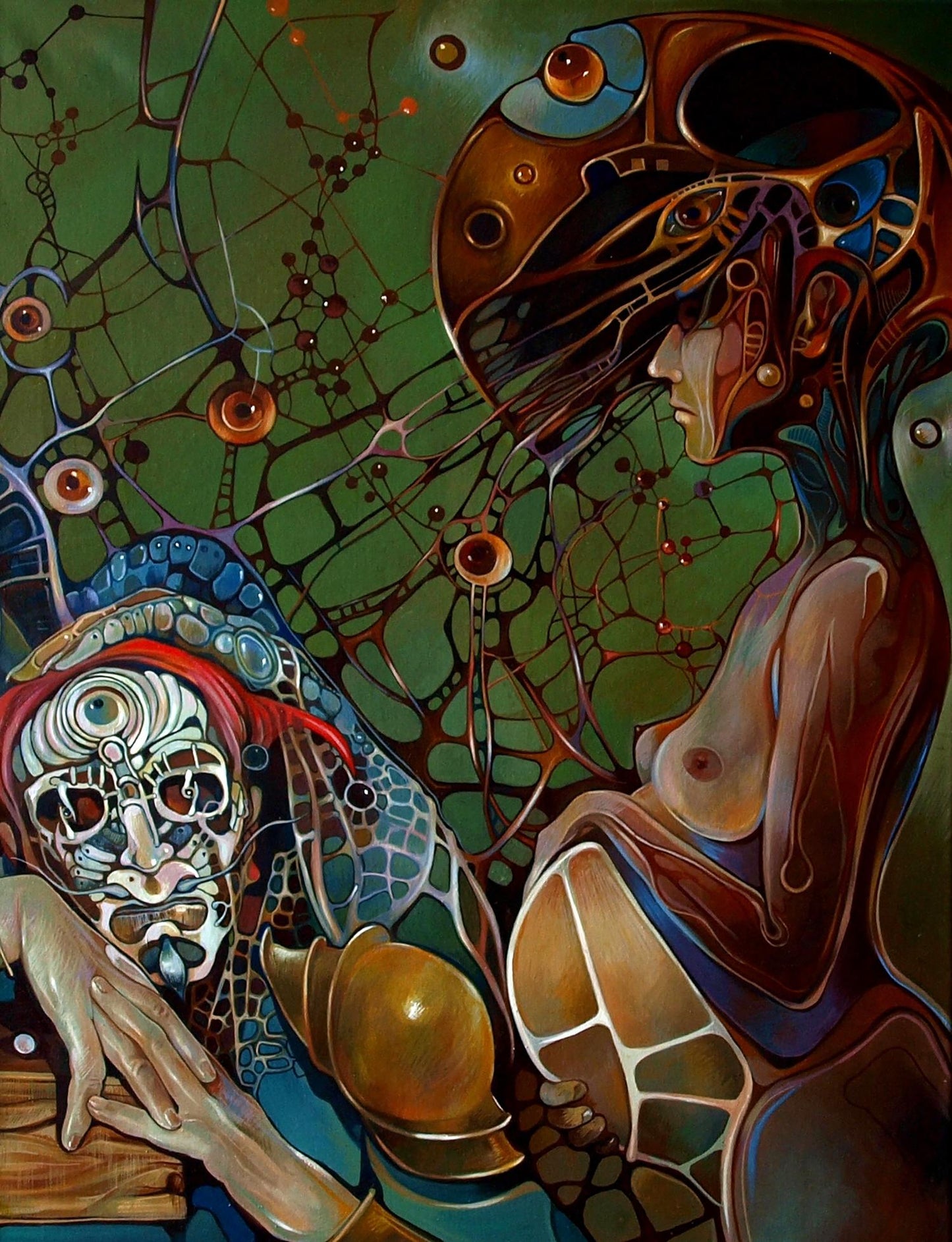 Oil painting Pistis Sophia Konsta G. Amelinn surrealist figures on green web background