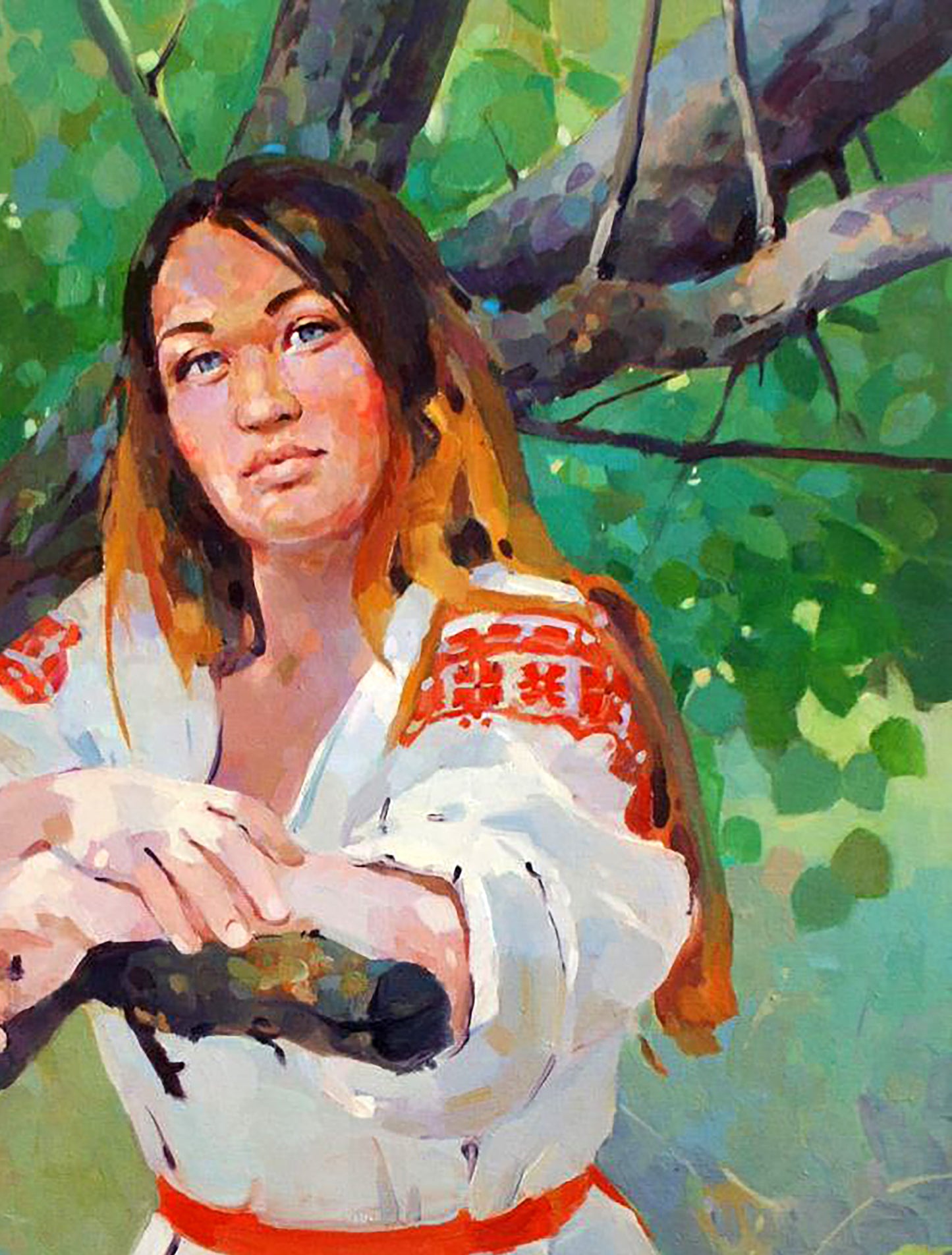 Oil painting of woman in white gi with red trim, orange belt by Anastasia Yaroshevich
