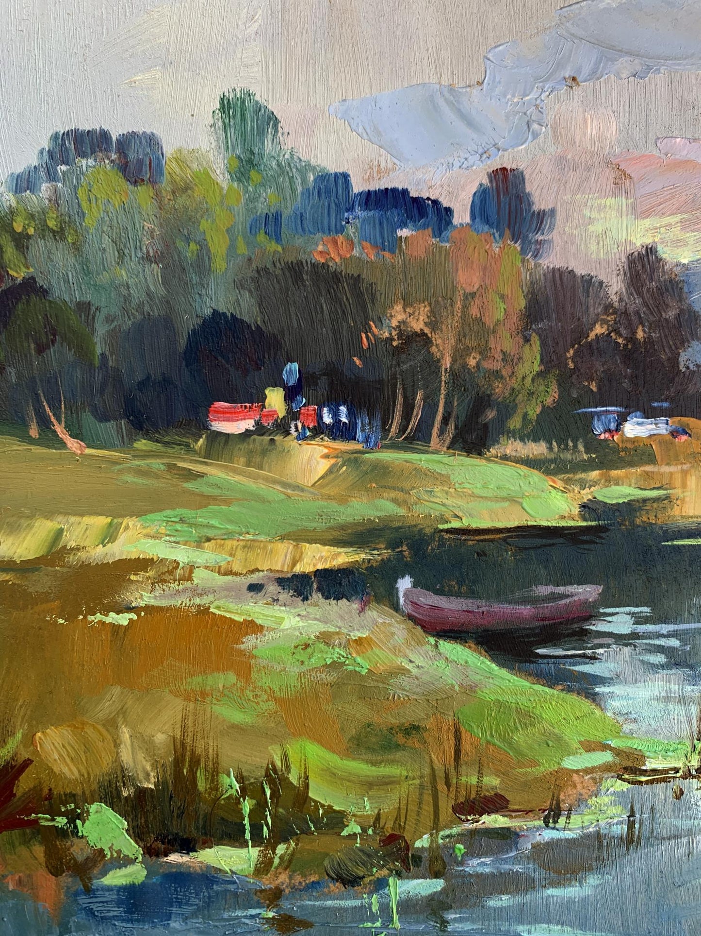 Oil painting of reddish-brown rowboat on Yuriy Suprunchuk left river bank
