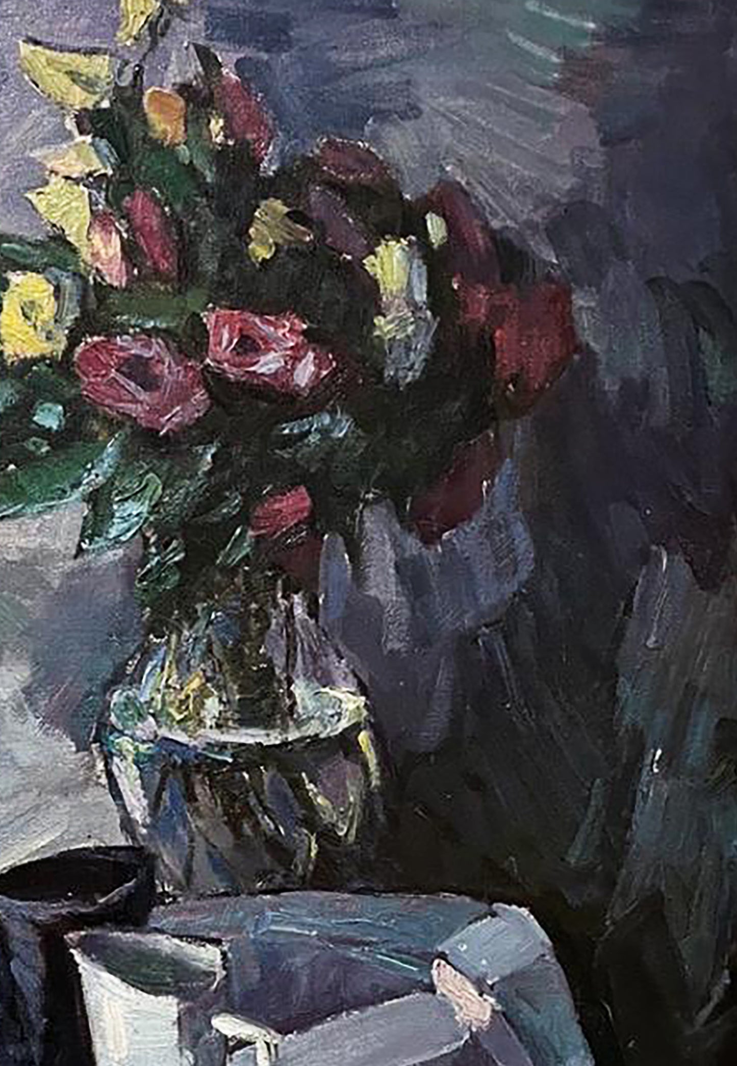 Oil painting of vibrant red yellow roses in glass vase by Oleksandr Andreev