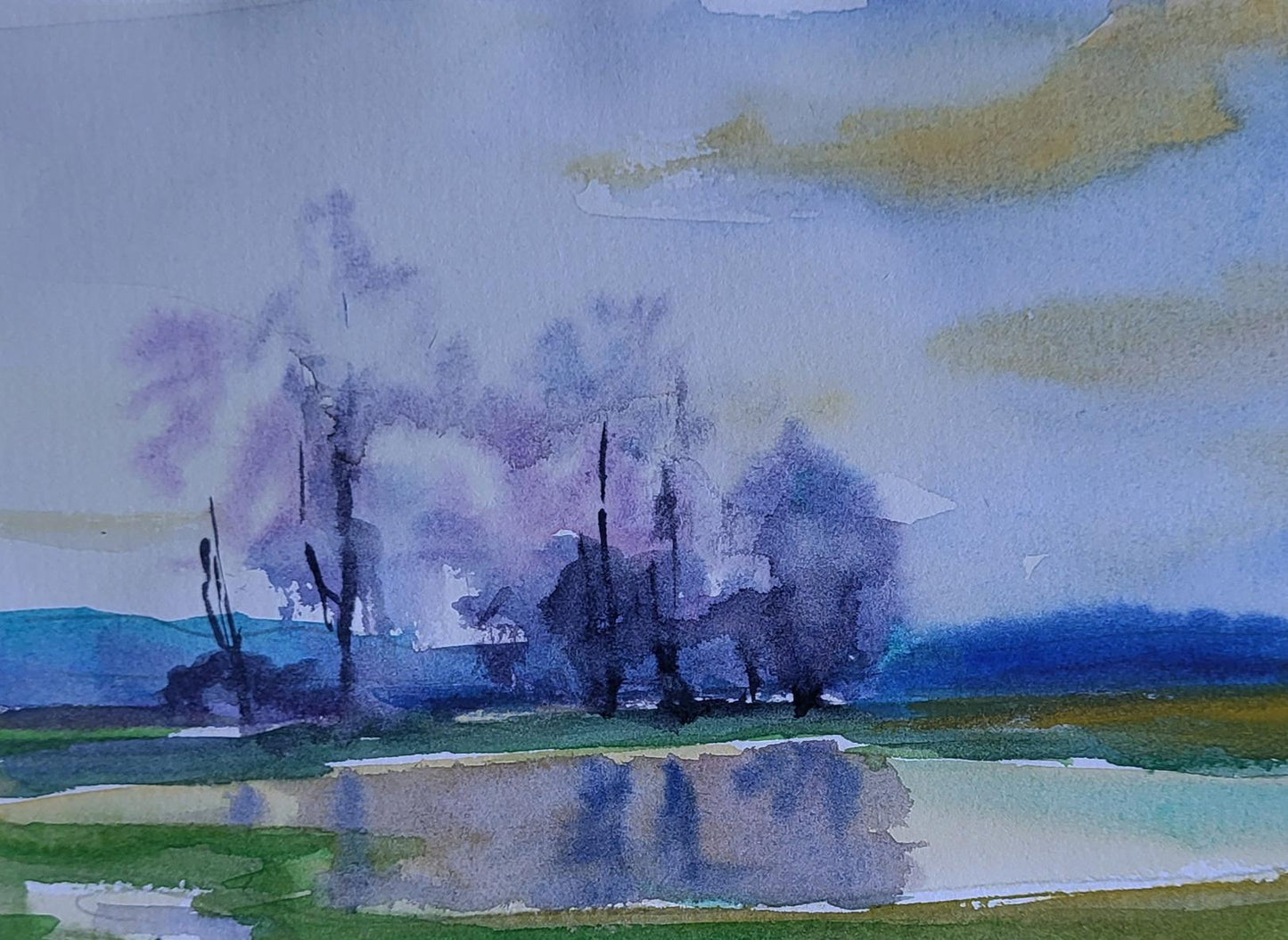 Watercolor painting Lake in the Woods by Boris Serdyuk, misty purple trees in pond