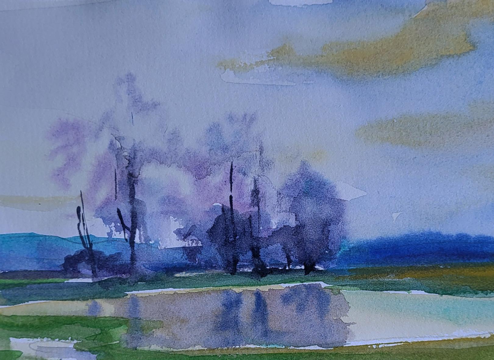 Watercolor painting Lake in the Woods by Boris Serdyuk, misty purple trees in pond