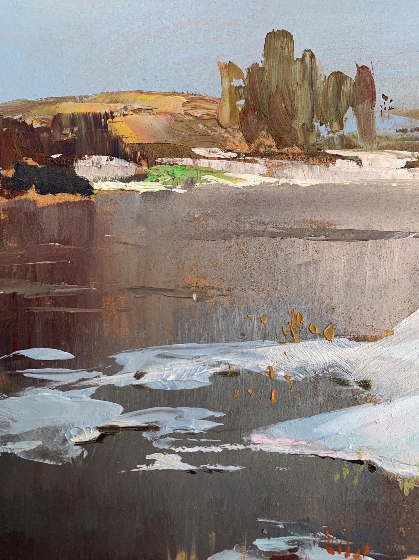 Textured oil painting of thawed river snowy landscape by Yuriy Suprunchuk