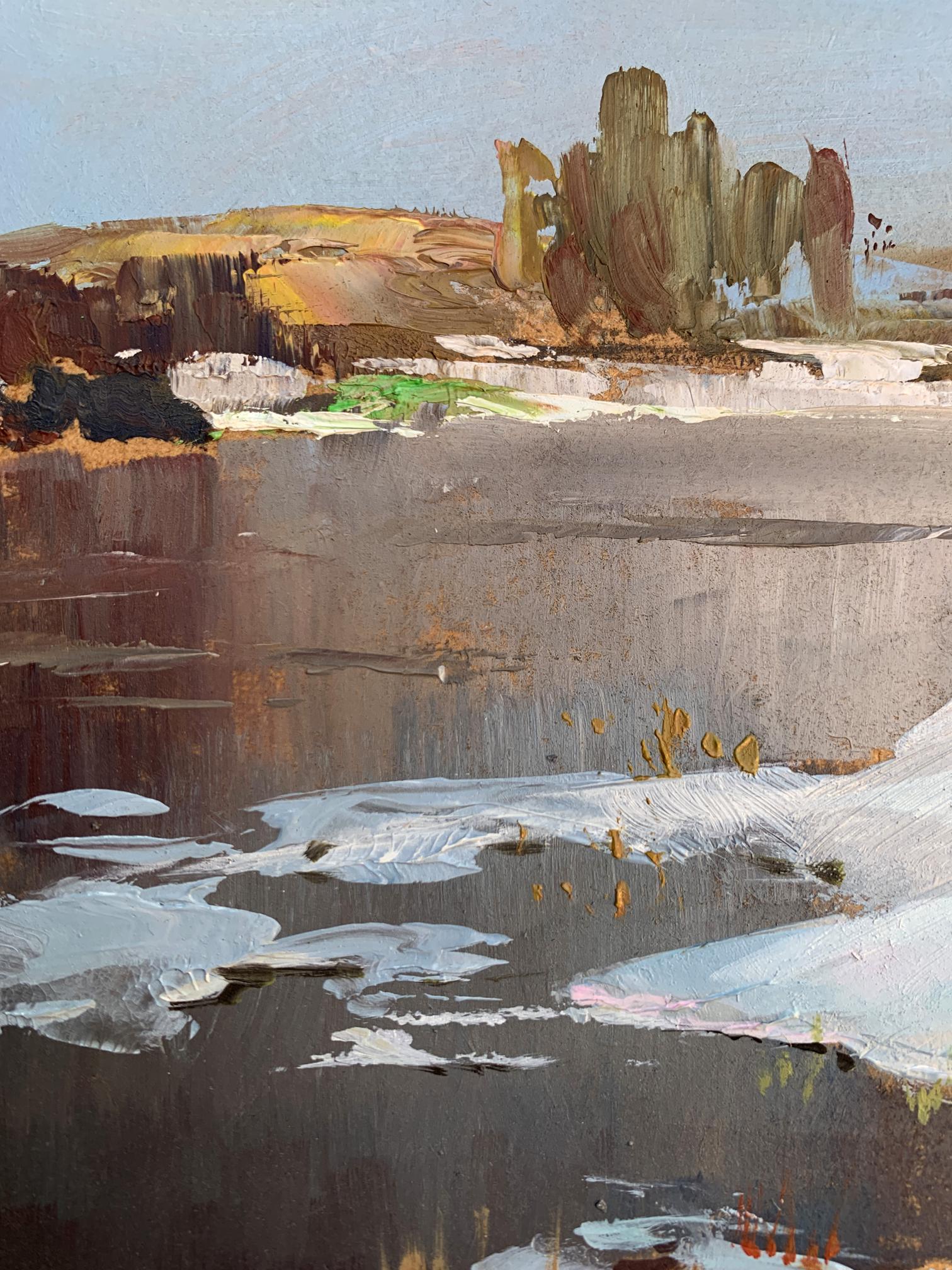 Textured oil painting of thawed river snowy landscape by Yuriy Suprunchuk