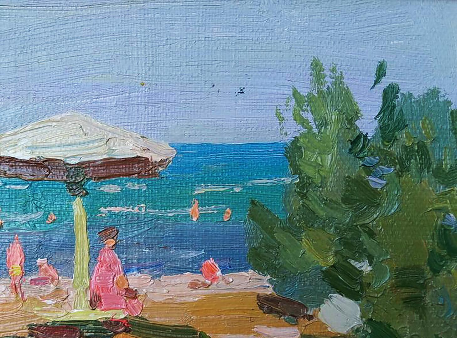 Oil painting of white beach umbrella on sandy shore by Yury Konovalov