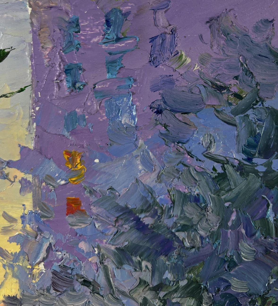 Oil painting Spring evening city mood by Boris Serdyuk, purple blue green strokes