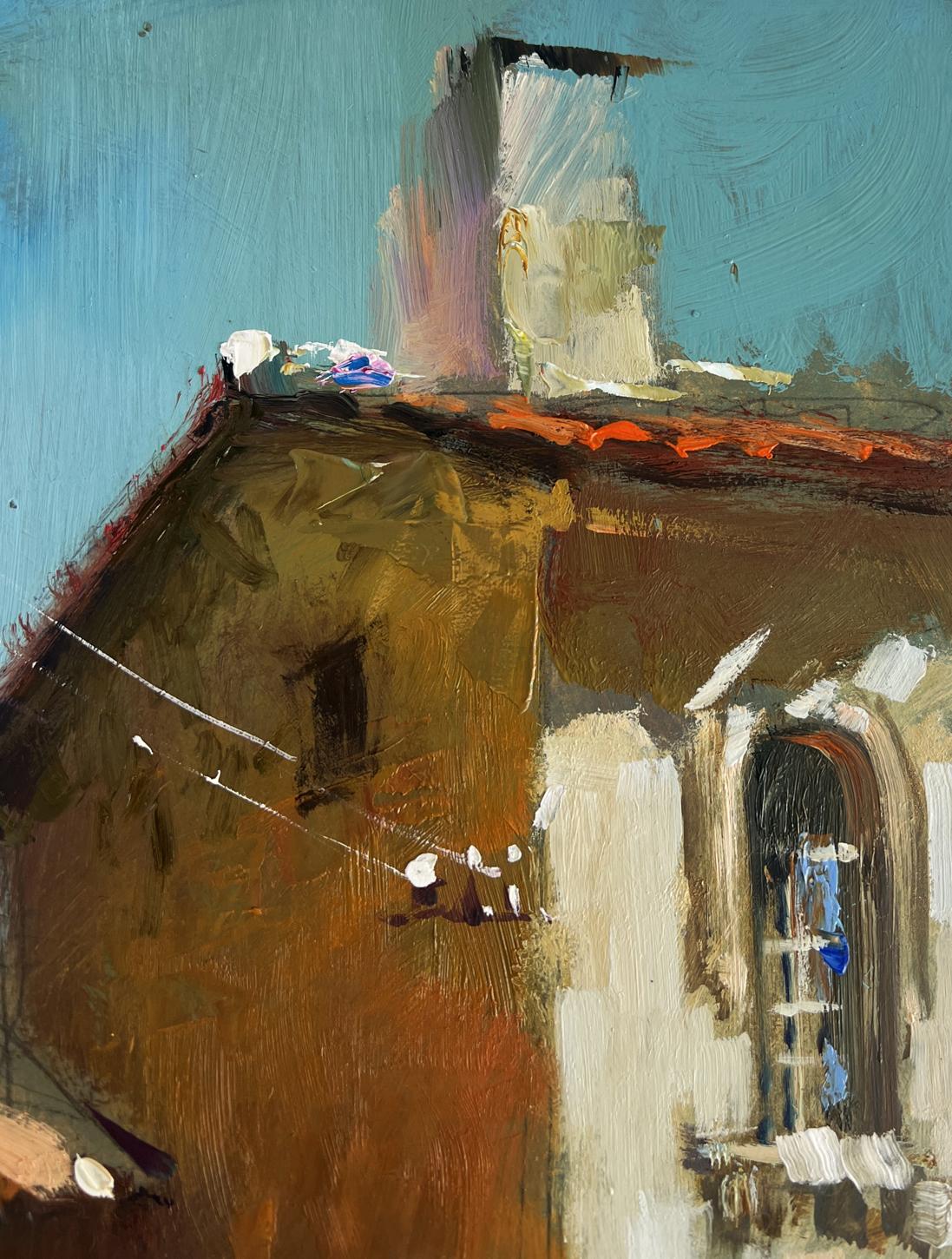 Oil painting of old city house by Yuriy Suprunchuk, textured earth tones