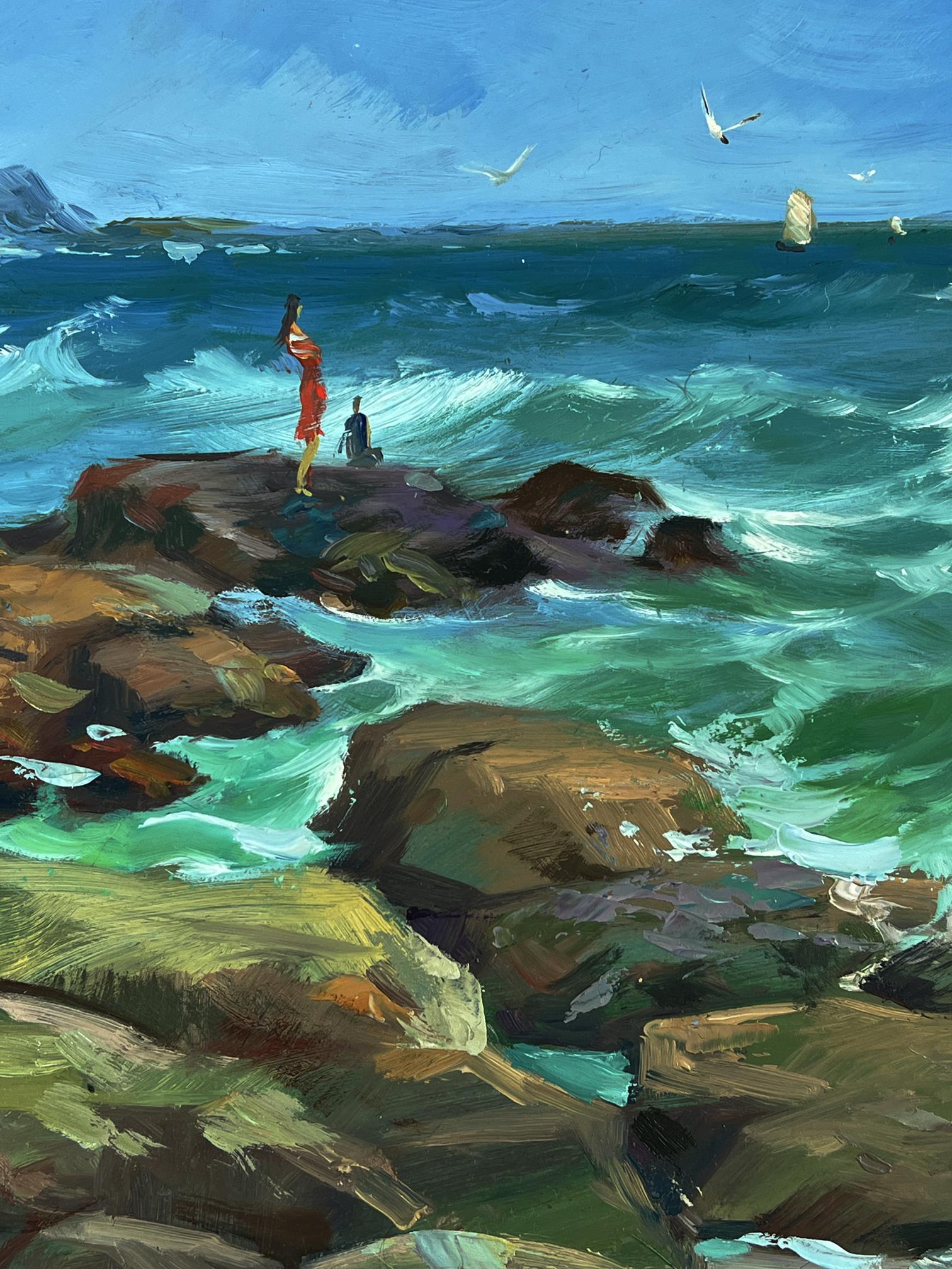 Oil painting of turquoise ocean waves crashing on mossy rocks by Yuriy Suprunchuk