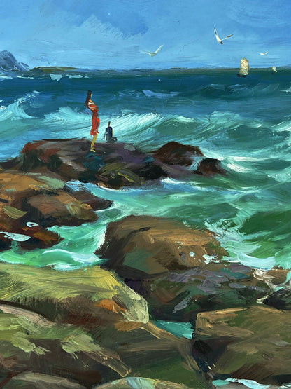 Oil painting of turquoise ocean waves crashing on mossy rocks by Yuriy Suprunchuk