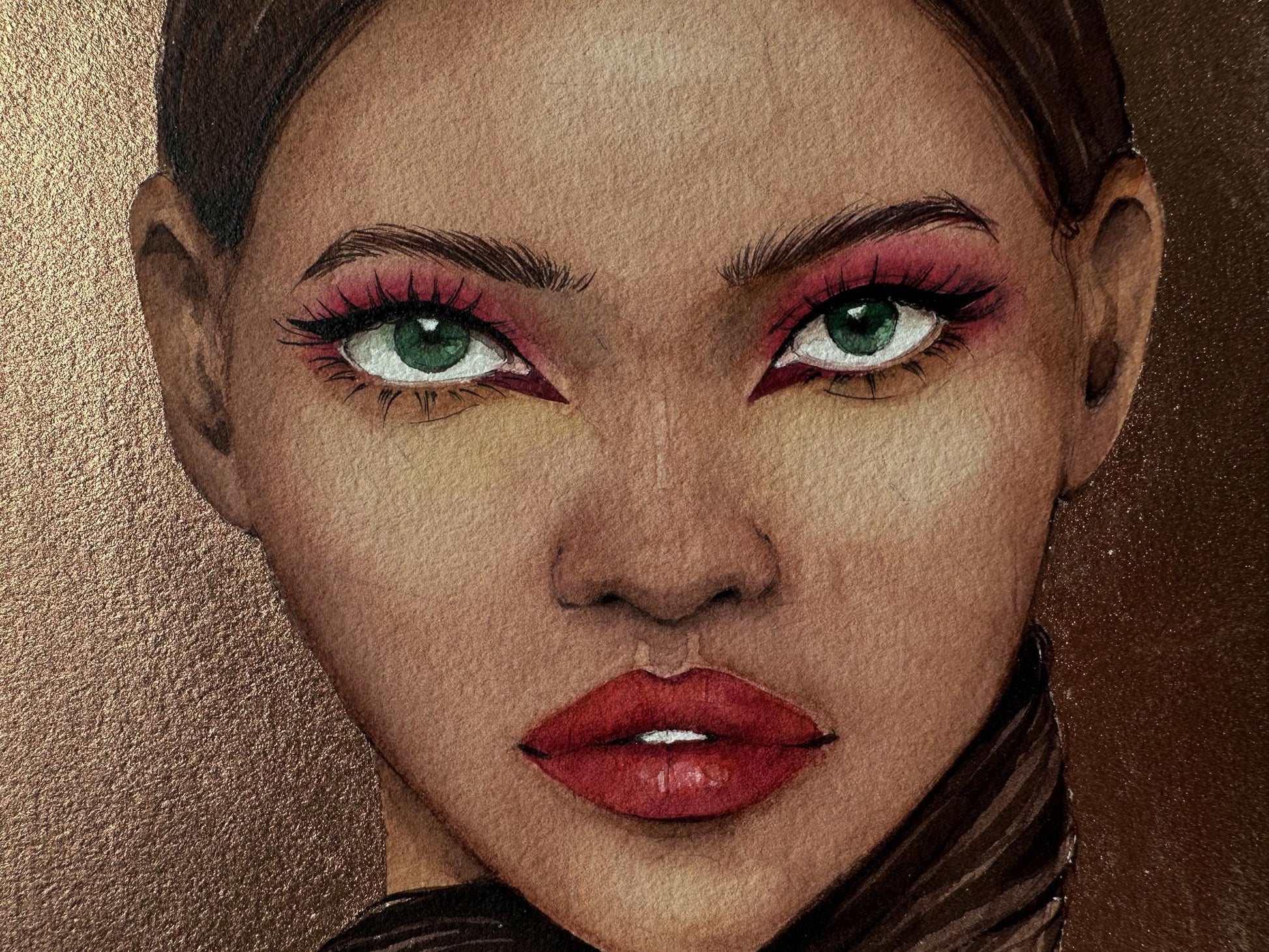 Watercolor lady in gold by Victoria Kagalovska with green eyes, pink shadow, red lips