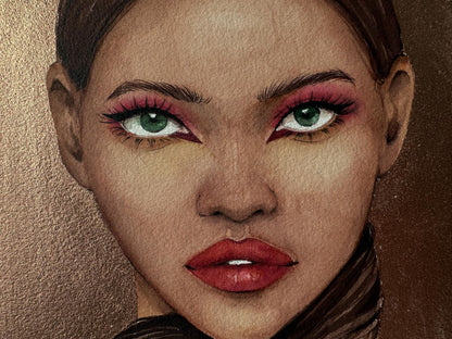 Watercolor lady in gold by Victoria Kagalovska with green eyes, pink shadow, red lips