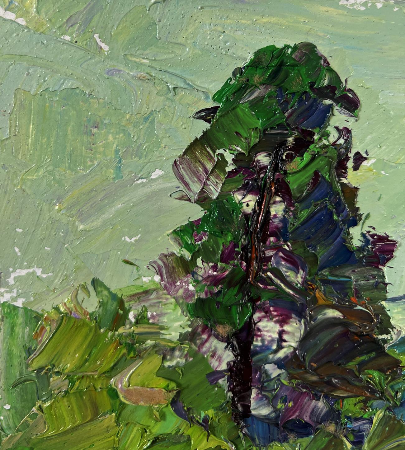 Textured impressionist oil painting of road to green dense forest by Boris Serdyuk