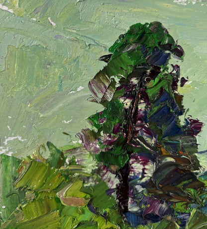 Textured impressionist oil painting of road to green dense forest by Boris Serdyuk