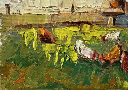 Oil painting Chickens in the yard of the house by Oksana Ivanyuk
