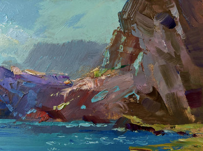 Textured oil painting of sailboats on sea with rugged cliffs by Yuriy Suprunchuk