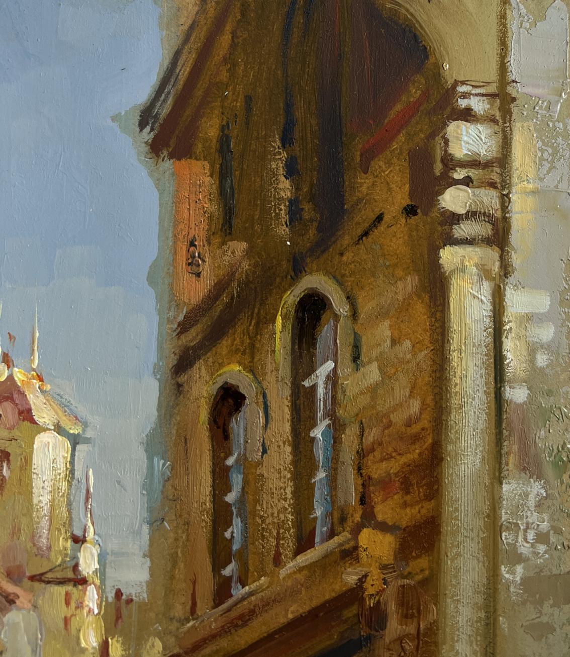 Oil painting by Yuriy Suprunchuk: impressionistic stone city street building