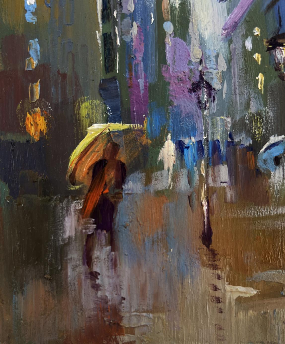 Oil painting of vibrant yellow umbrella in rainy city street by Yuriy Suprunchuk