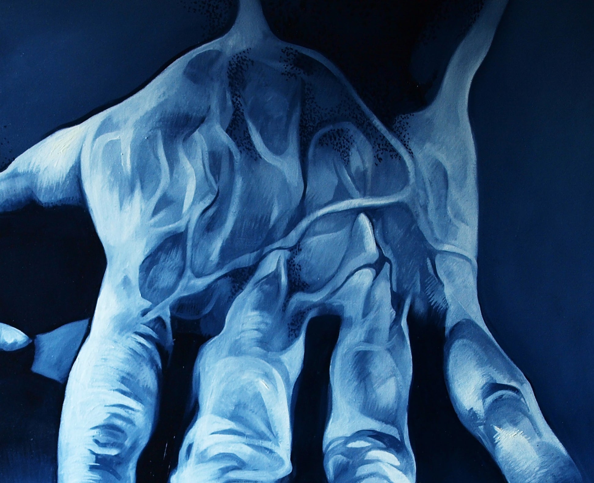 Striking blue-toned oil painting of strong arms by Konsta G. Amelinn