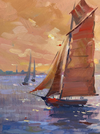 Oil painting of evening sailboat with reddish-brown sails on calm sea by Yuriy Suprunchuk