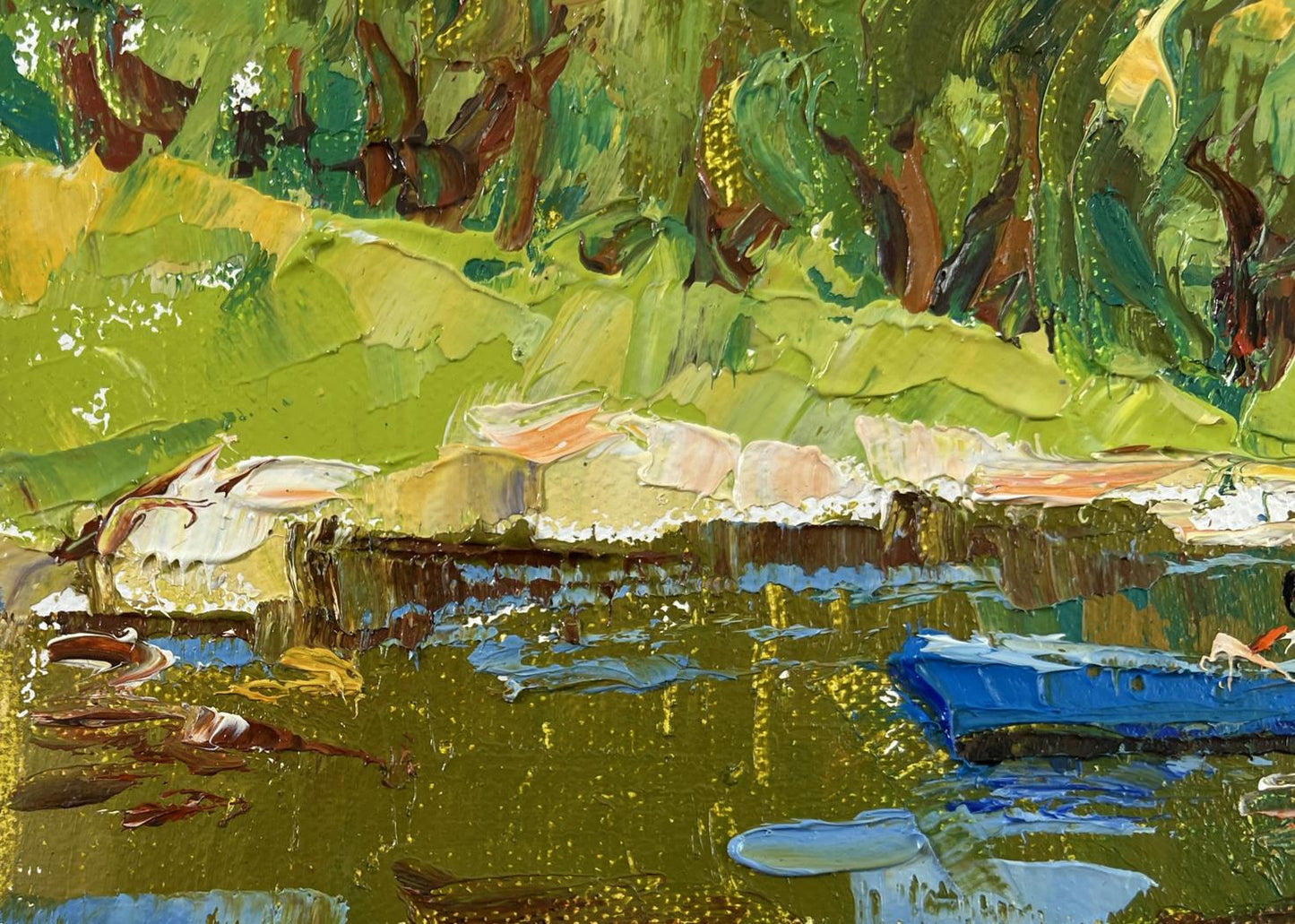 Oil painting Willows by the pond by Oleksiy Ivanyuk rowboat on green water
