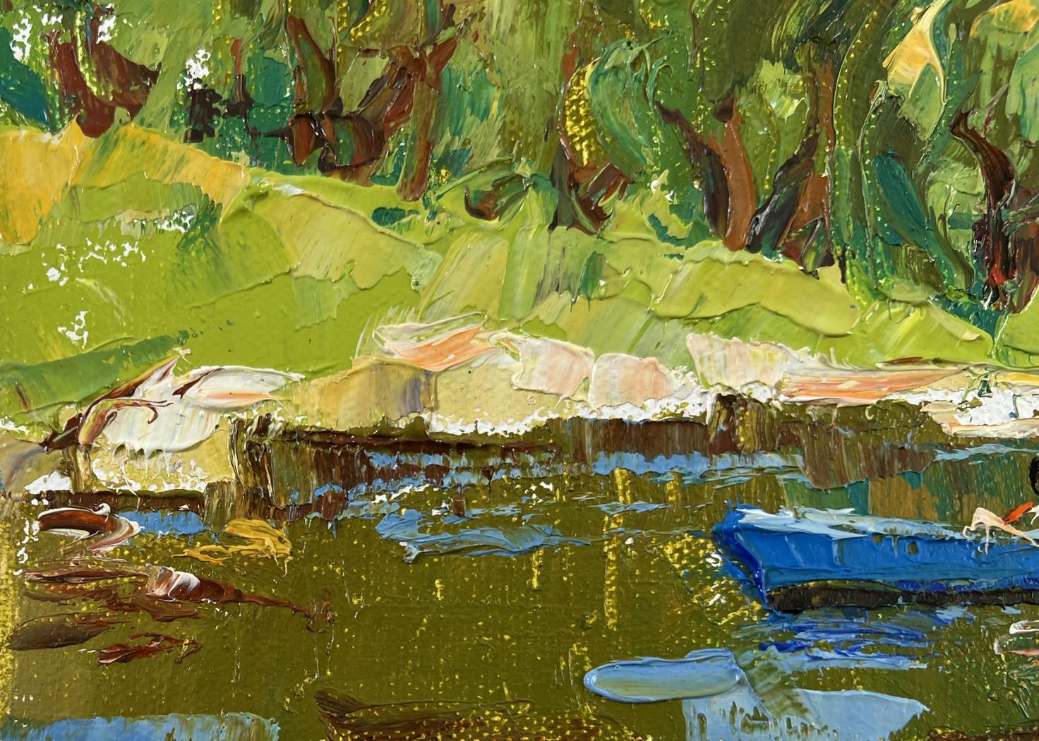 Oil painting Willows by the pond by Oleksiy Ivanyuk rowboat on green water