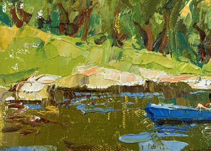 Oil painting Willows by the pond by Oleksiy Ivanyuk rowboat on green water