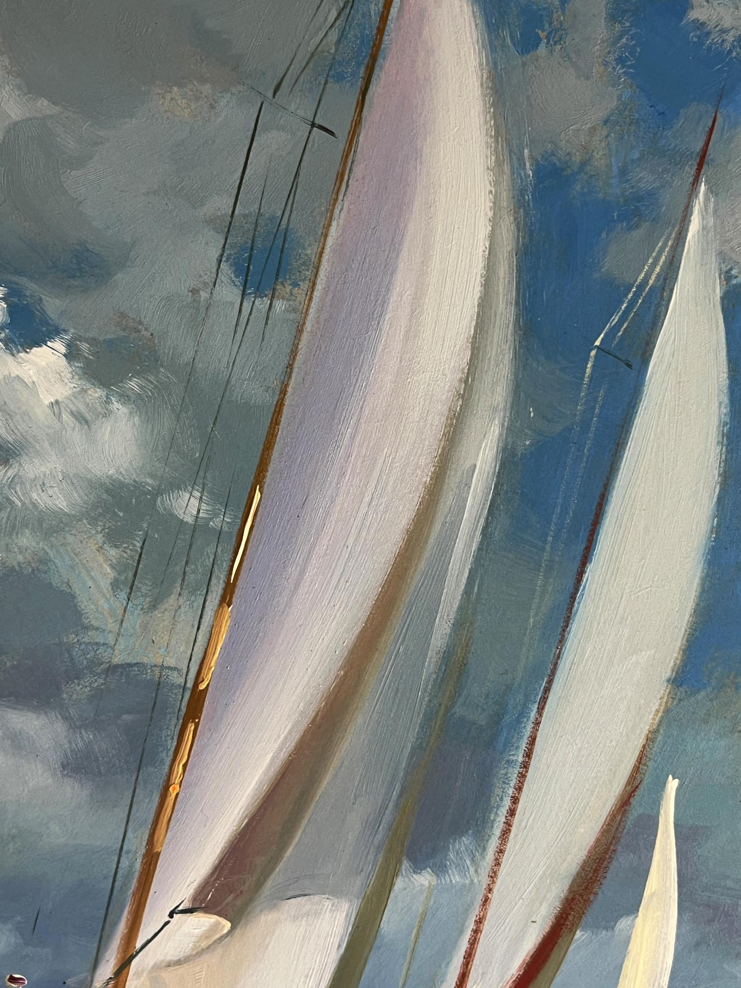 Oil painting of sailboats at sea with white sails, lavender gold accents by Yuriy Suprunchuk