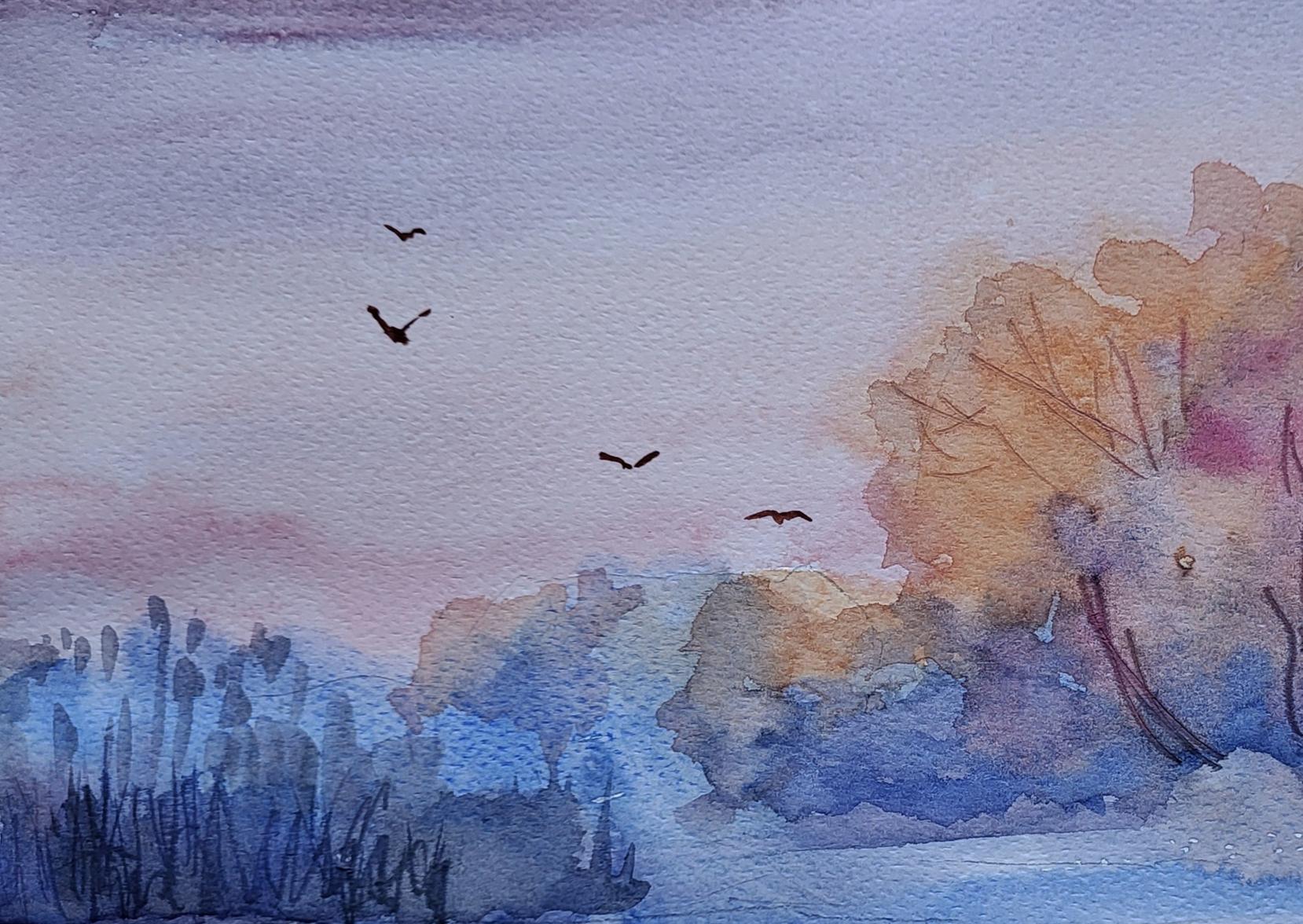 Watercolor winter wonder painting by Boris Serdyuk with serene landscape