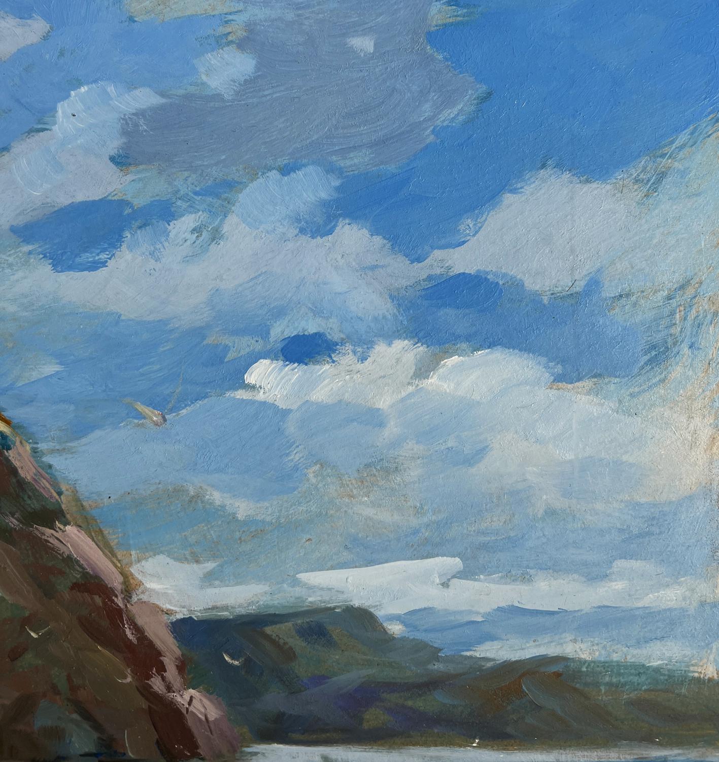 Oil painting of dynamic blue-white swirling clouds over hills by Yuriy Suprunchuk