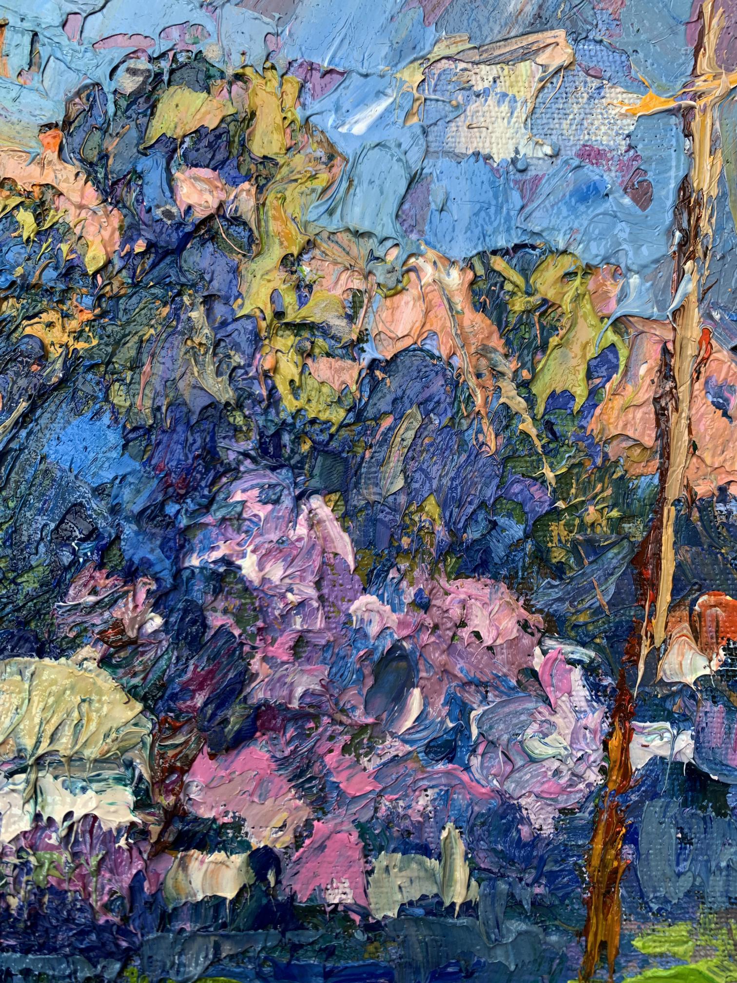 Oil painting Morning walk by Oksana Ivanyuk with vibrant blue pink purple yellow strokes