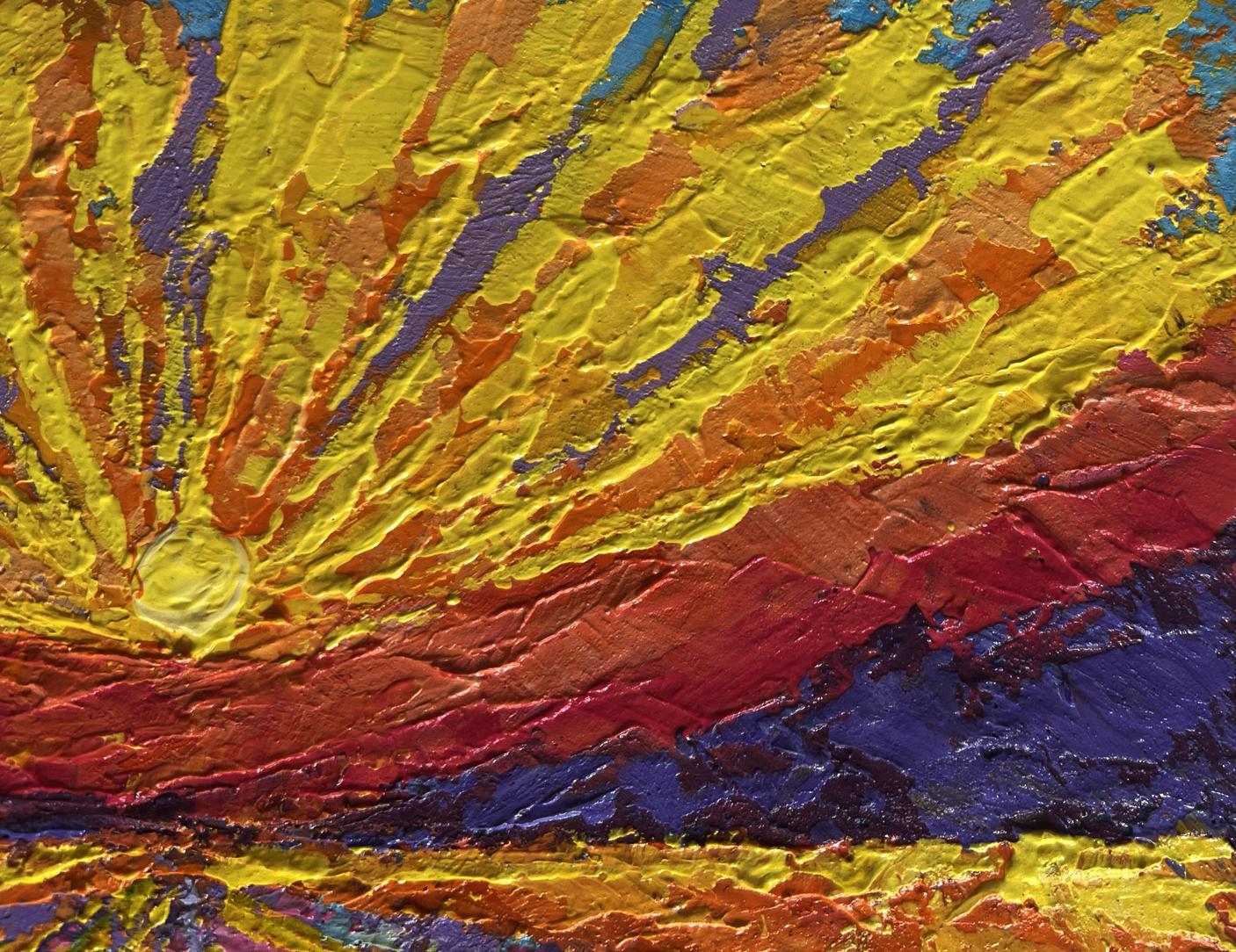 Oil painting Yellow rays of sunset by V. Zadorozhnya vibrant textured canvas