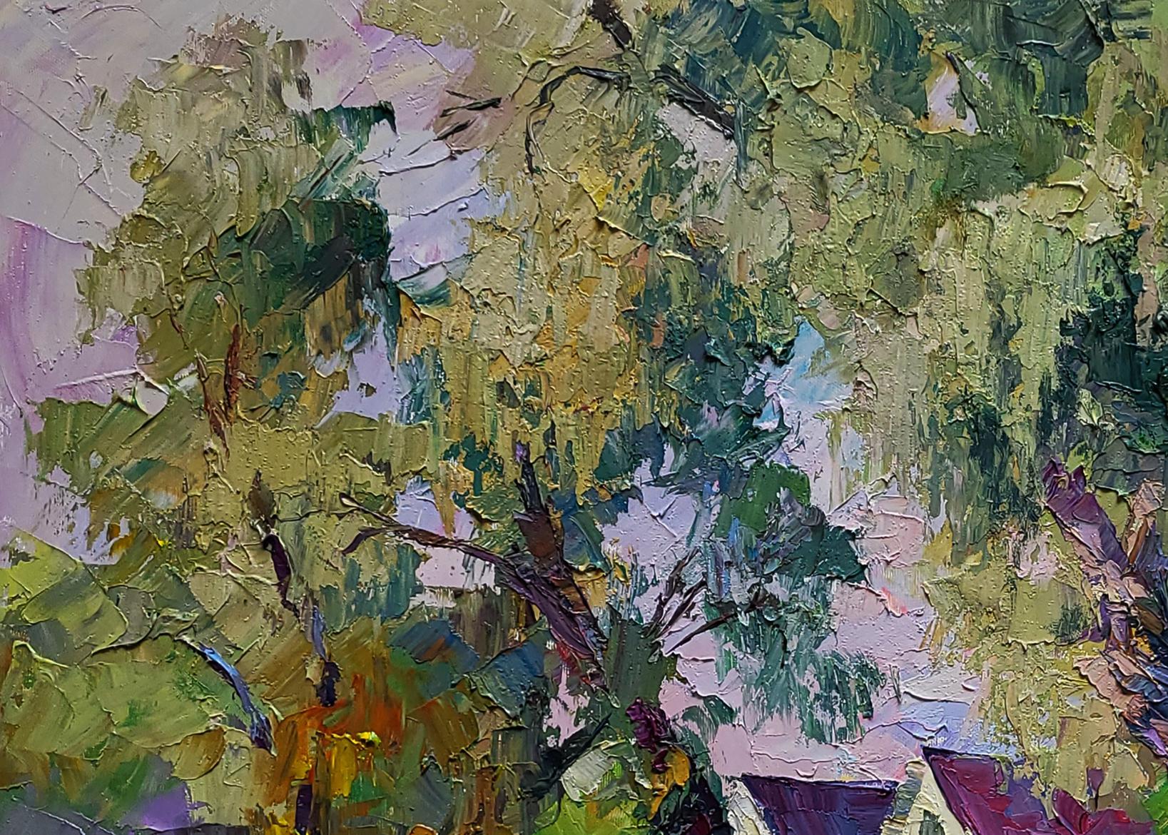 Textured impressionist oil painting of willows near the yard by Boris Serdyuk