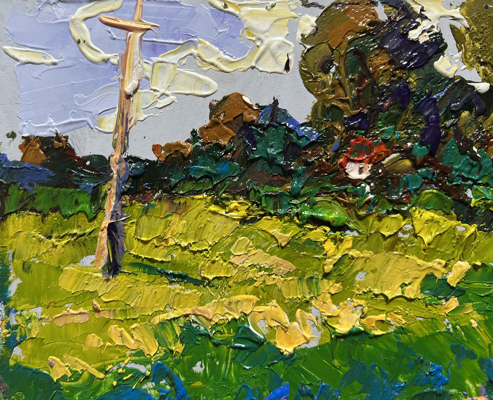 Vibrant impressionist oil painting of yellow fields near village by Oleksiy Ivanyuk