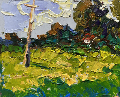Vibrant impressionist oil painting of yellow fields near village by Oleksiy Ivanyuk
