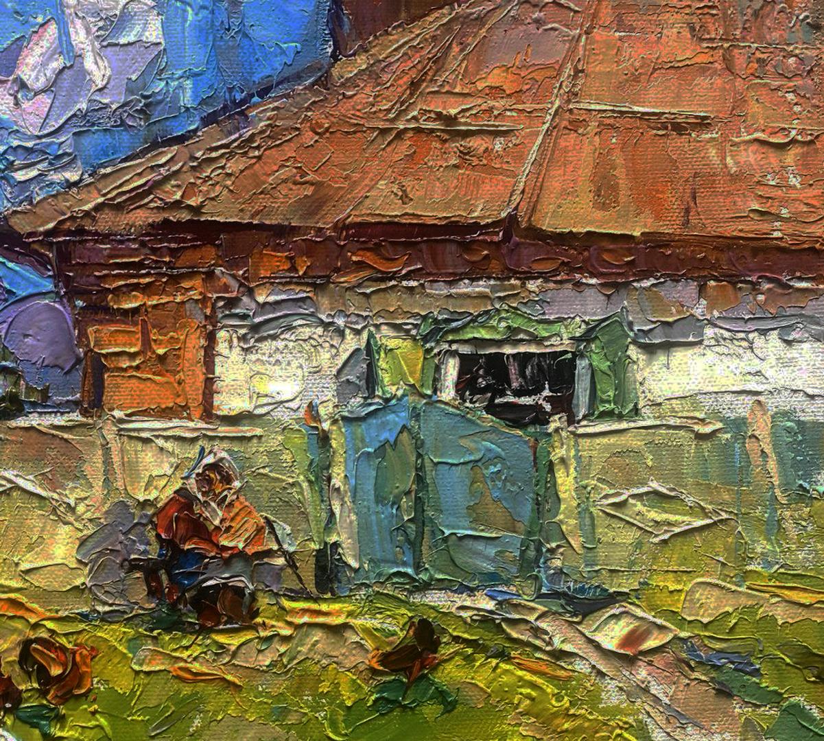 Oil painting Spring Awakening by Alex Kaleniuk rustic house orange roof