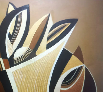 Abstract geometric oil painting with golden vase by Alexander Strashevich