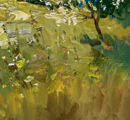 Impasto oil painting The road to the church by Yuriy Suprunchuk with bold yellow green brown strokes and dark tree branch