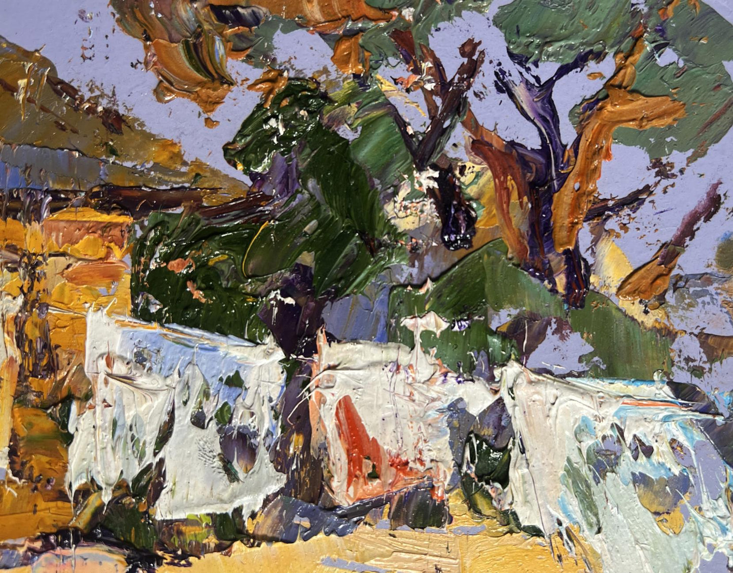 Impasto oil painting of clothes drying in yard by Oleksiy Ivanyuk