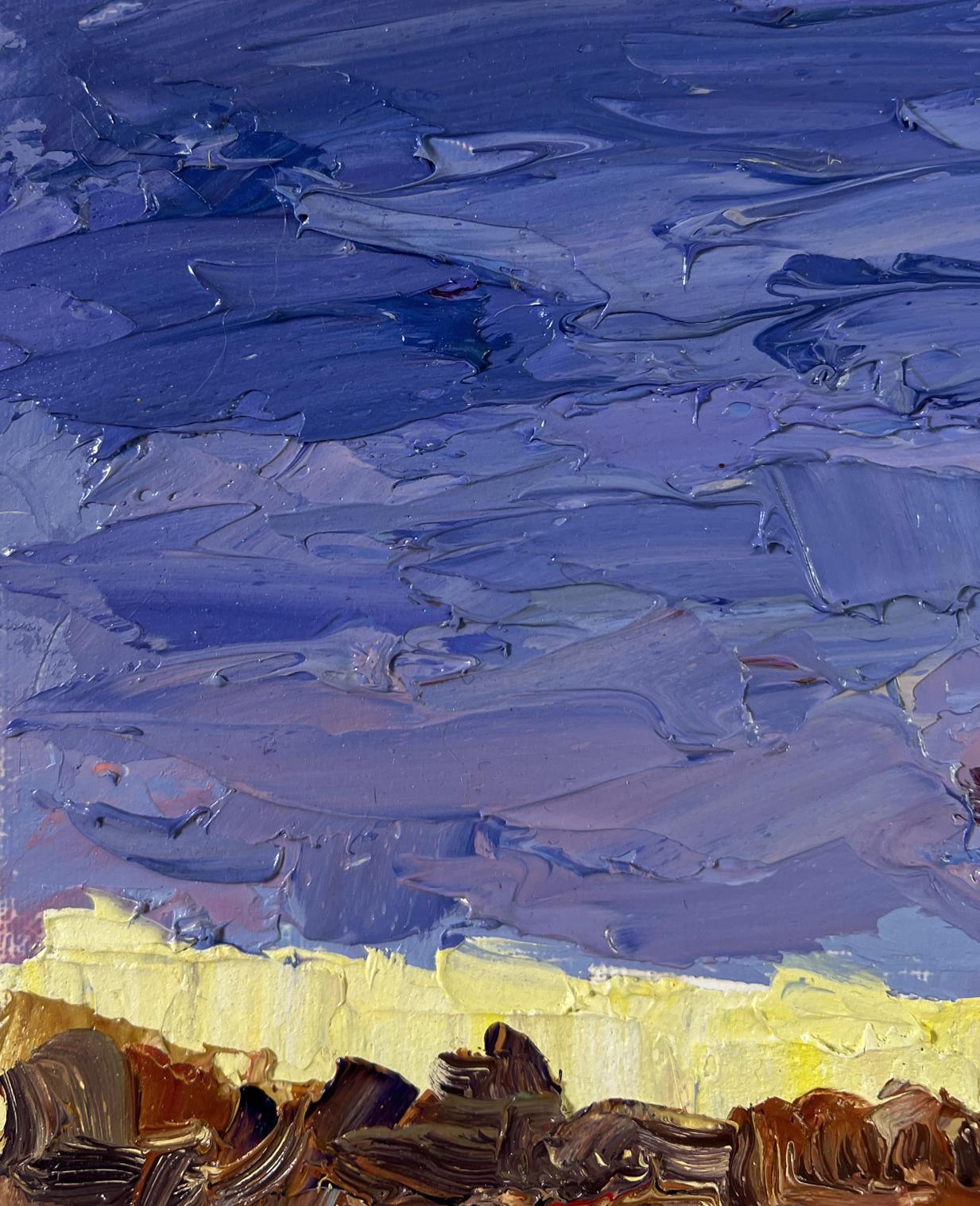 Oil painting Autumn September Days by Boris Serdyuk with blue purple impasto over yellow horizon