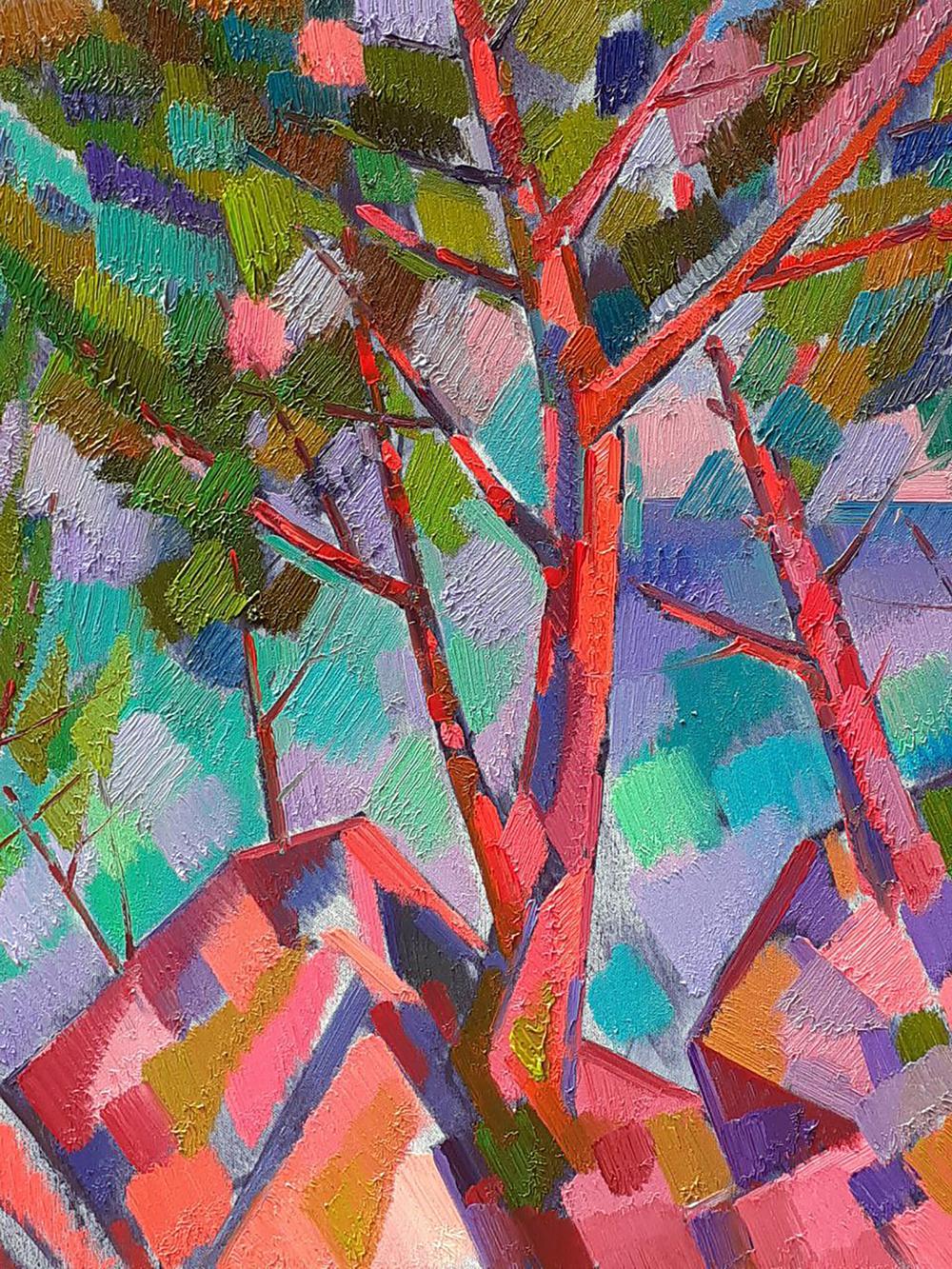 Vibrant oil painting of red tree branches among rocks by Peter Dobrev