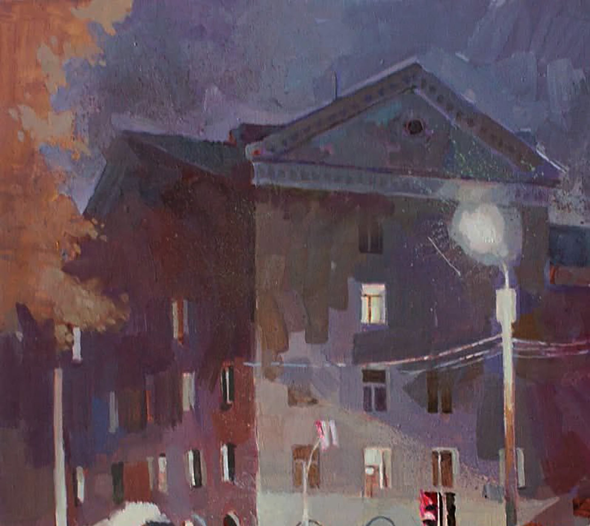 Oil painting Rain at the Crossroads by Anastasia Yaroshevich with autumn leaves