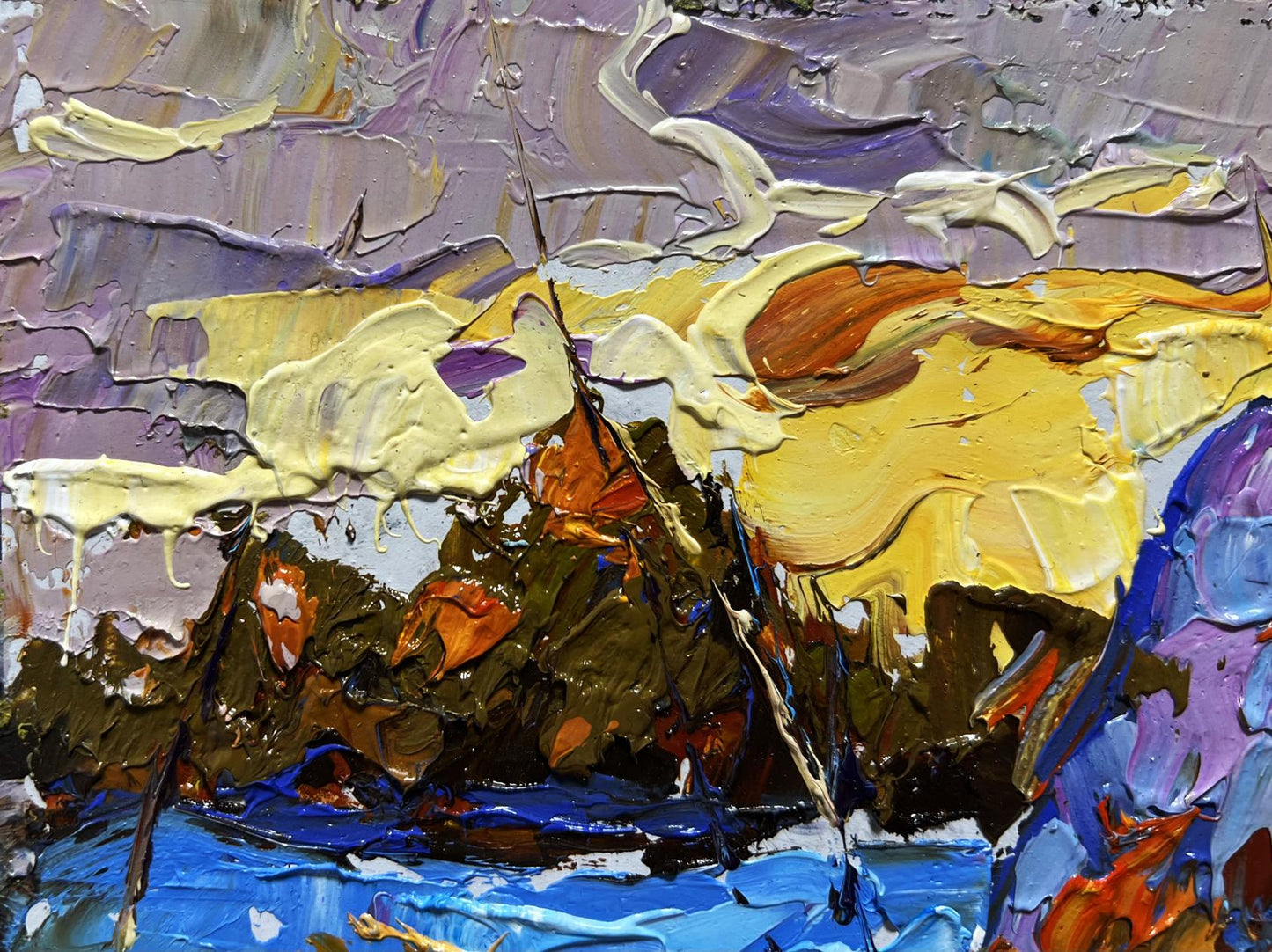 Oil painting Snow blue by Oleksiy Ivanyuk, vibrant yellow purple blue impasto