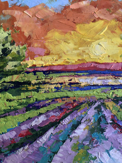 Vibrant impressionist oil painting Sunset in the field by V. Zadorozhnya
