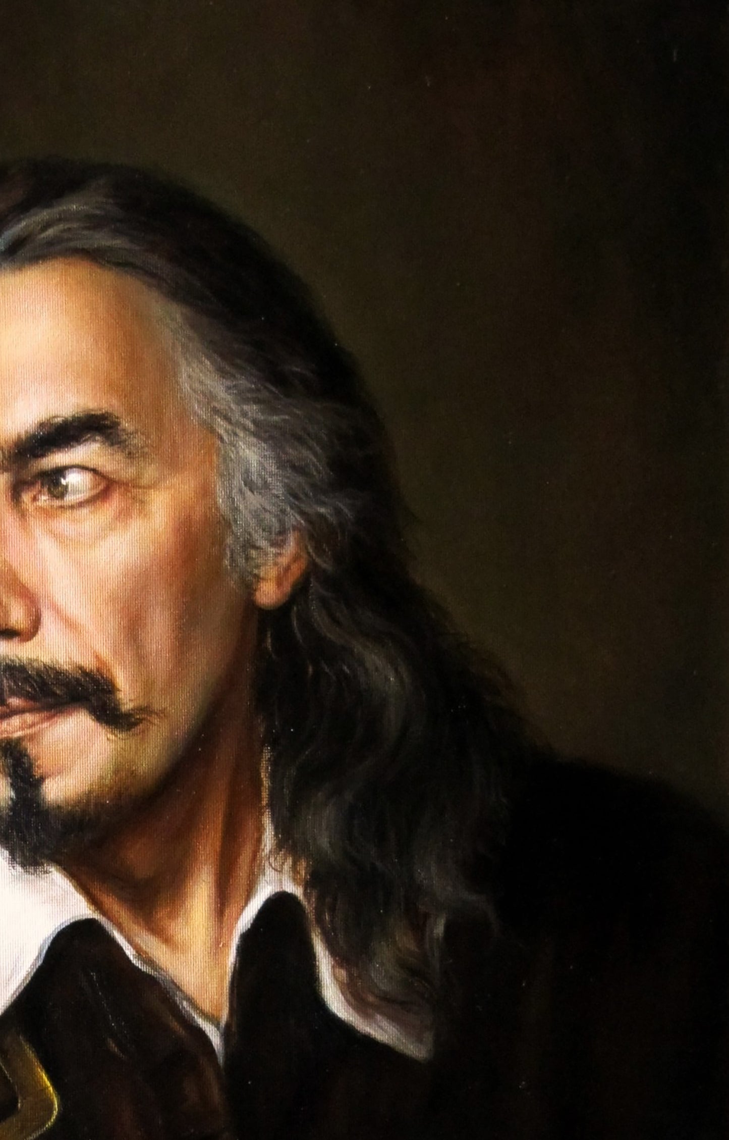 Oil painting self-portrait of Valeriy Bulat with long wavy hair and mustache