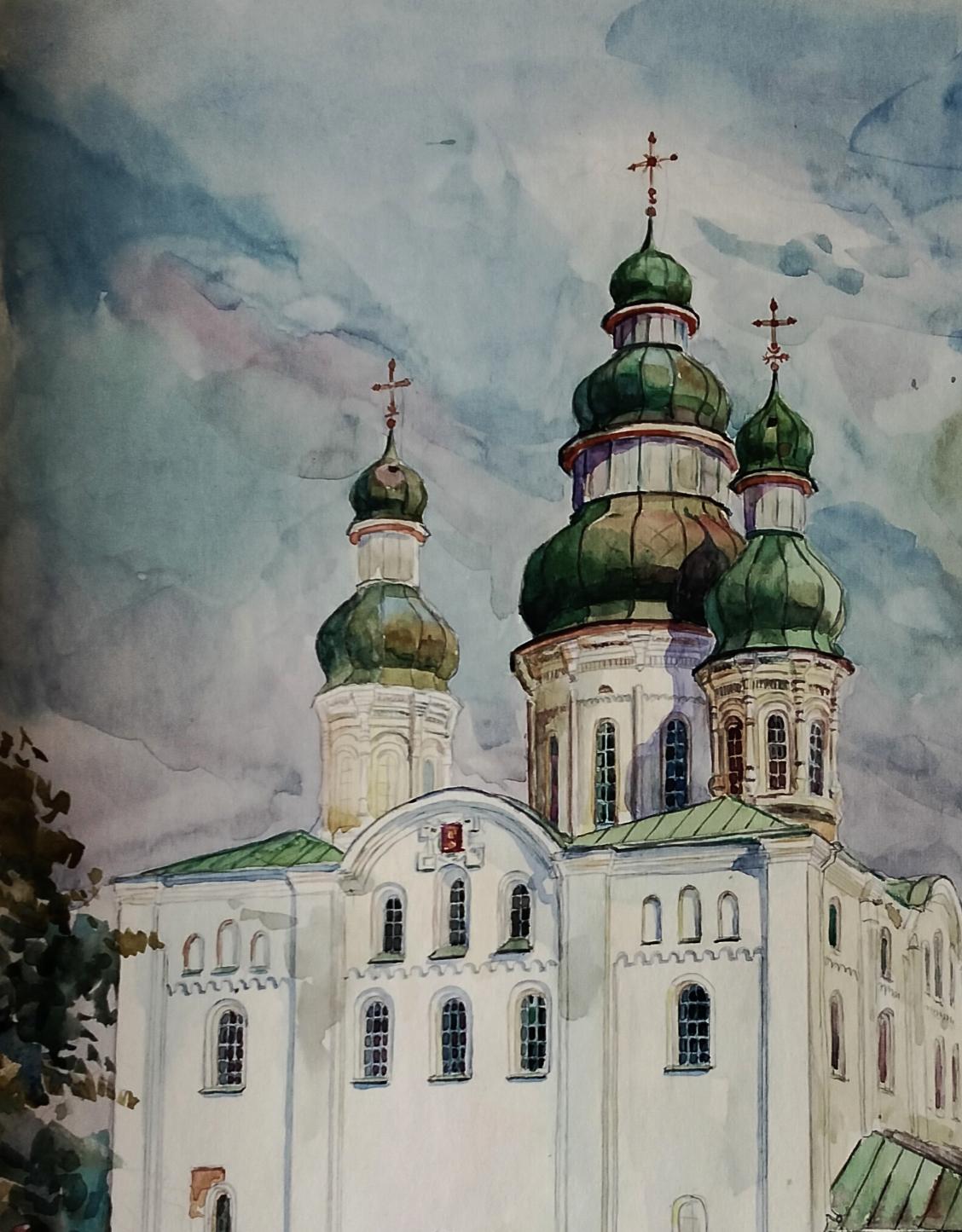 Watercolor painting of white stone church with green onion domes by Vitaly Duhnevich