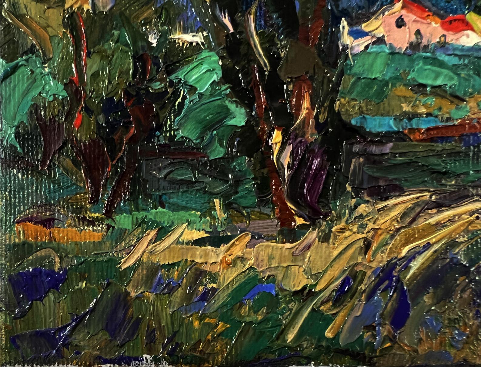 Oil painting Rain is coming to the village by Oksana Ivanyuk with green foliage