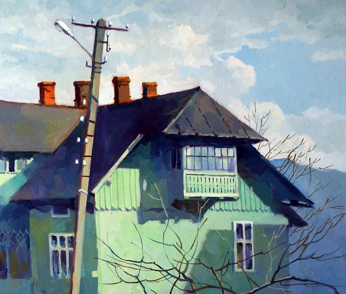 Oil painting of old light green house by Anastasia Yaroshevich
