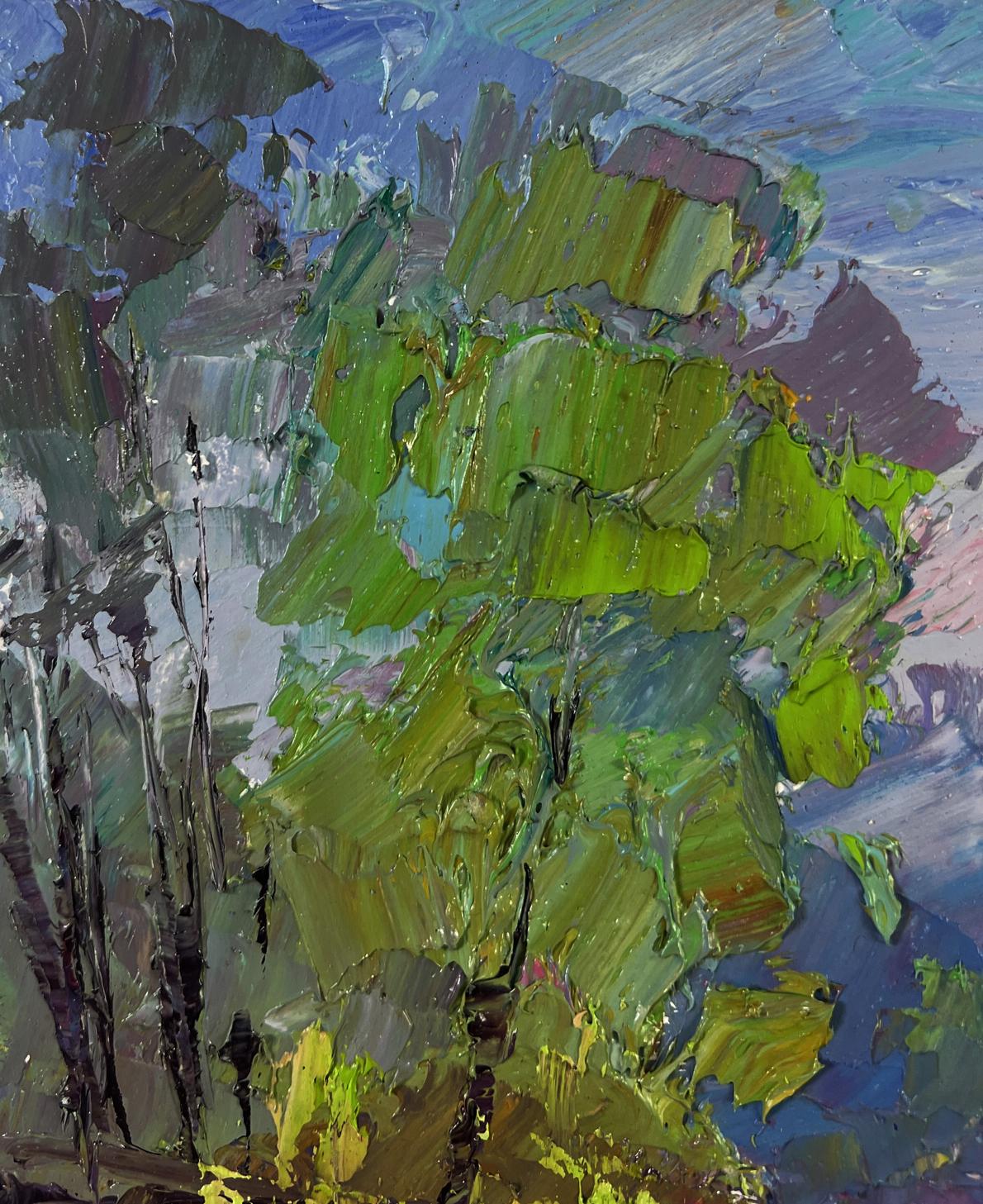 Oil painting Morning walk along the river by Boris Serdyuk with vibrant tree